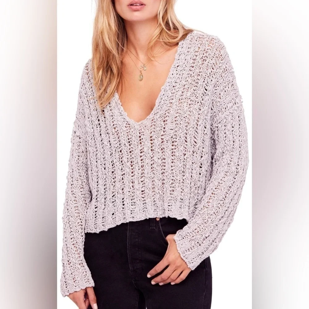 Freepeople comber Open Cotton knit beach sweater cropped size XS Gray